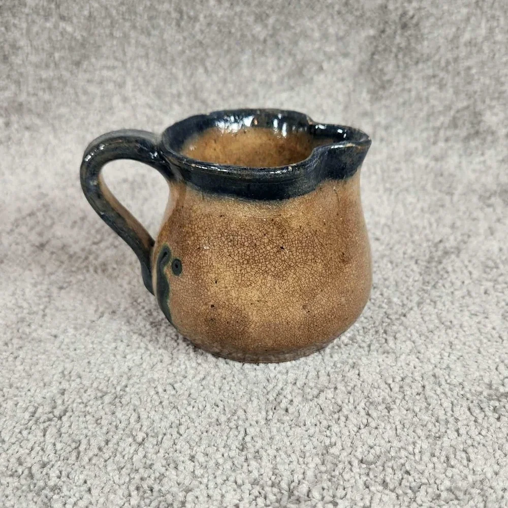 Studio Pottery Creamer Pitcher Tan Cobalt Blue‎ Rustic Farmhouse Small